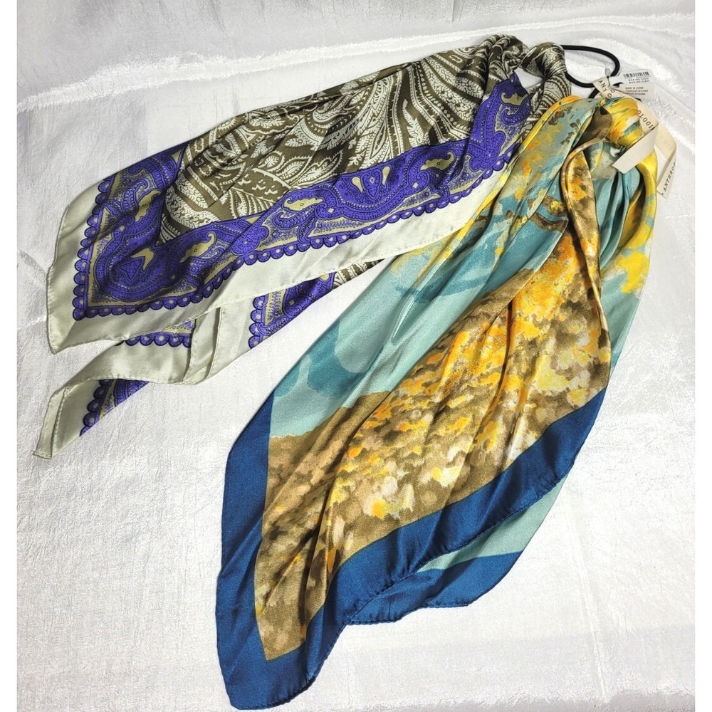 Set of 2 Anthropologie Polyester Elastic Tie Hair Scarves - Blue Tree